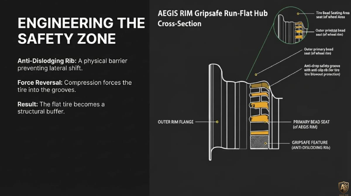 GripSafe Technology cross-section diagram — mechanical bead-lock engagement zones, thermal dispersion channels, and mono-forged billet structure