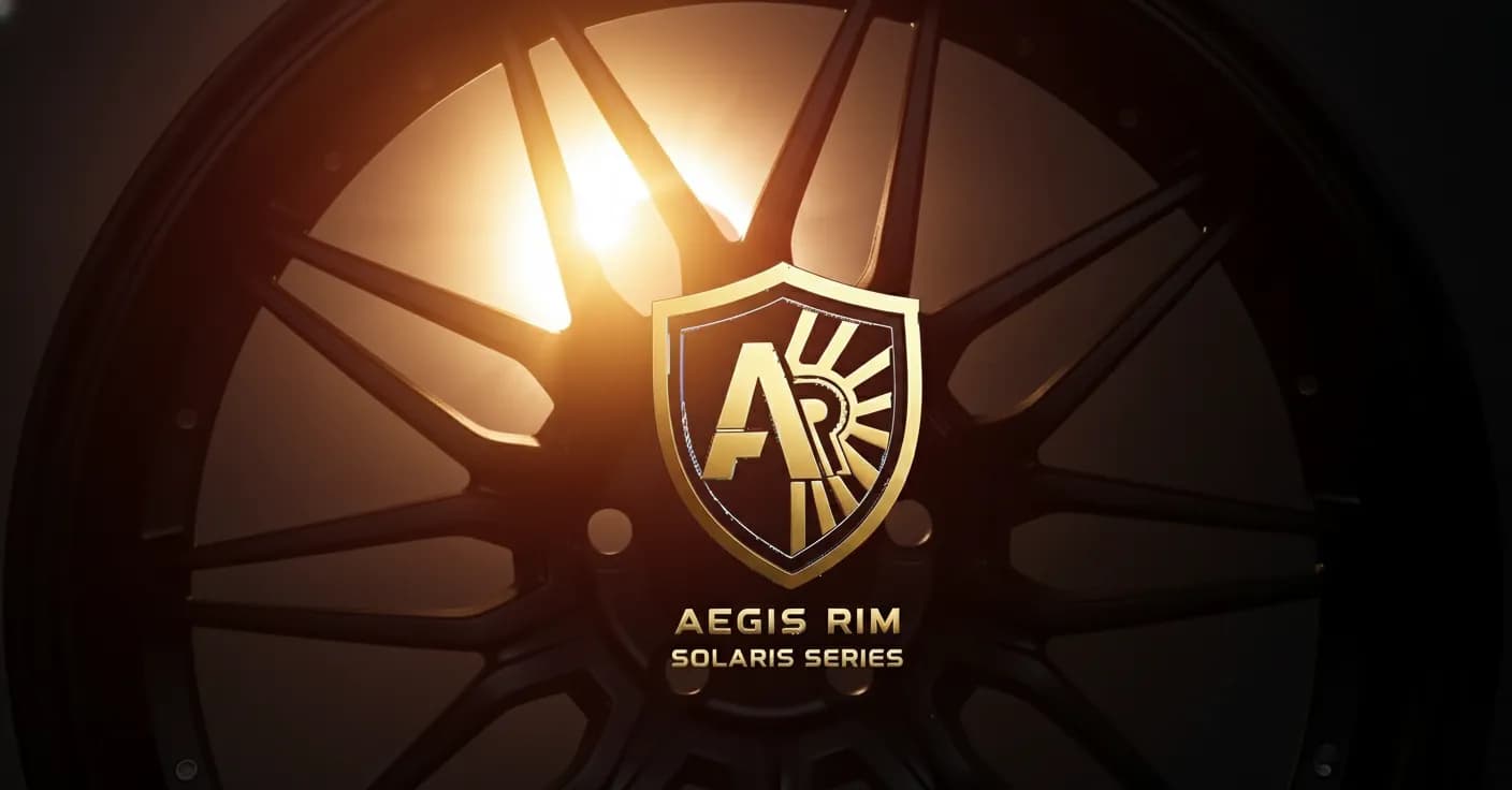 AEGIS RIM Solaris Tarmac SAGA custom forged wheel — Solar-burst spoke geometry that radiates outward from a forged monoblock core.