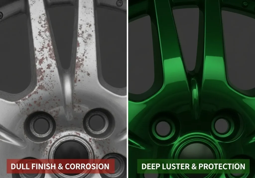 Comparison showing VEX-COAT hydrophobic coating preventing mud adhesion and corrosion damage versus unprotected wheel surfaces