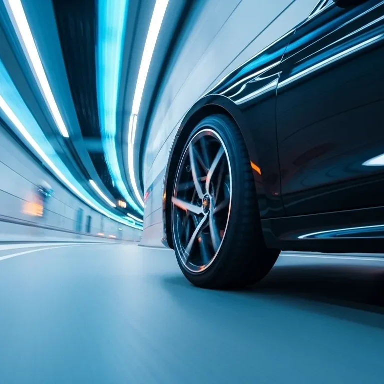 GEOMETRIC Series forged wheel by AEGIS RIM, captured in high-speed motion through a tunnel—showcasing radiating vector geometry and engineered stability.