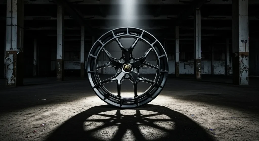 IRON-CAGE Series forged wheel by AEGIS RIM, shown in angled demo view—featuring interlocked truss-spoke architecture and brutal symmetry for fortress-grade strength.