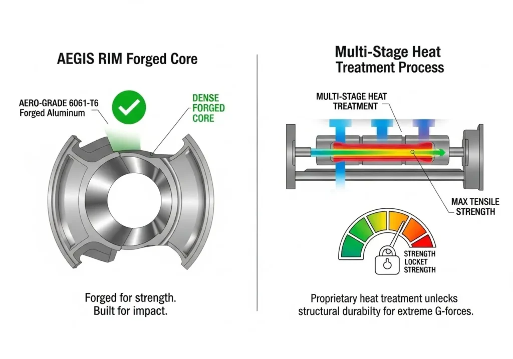 Detailed view of AEGIS RIM 6061-T6 forged aluminum grain structure showing superior tensile strength achieved through multi-stage heat treatment