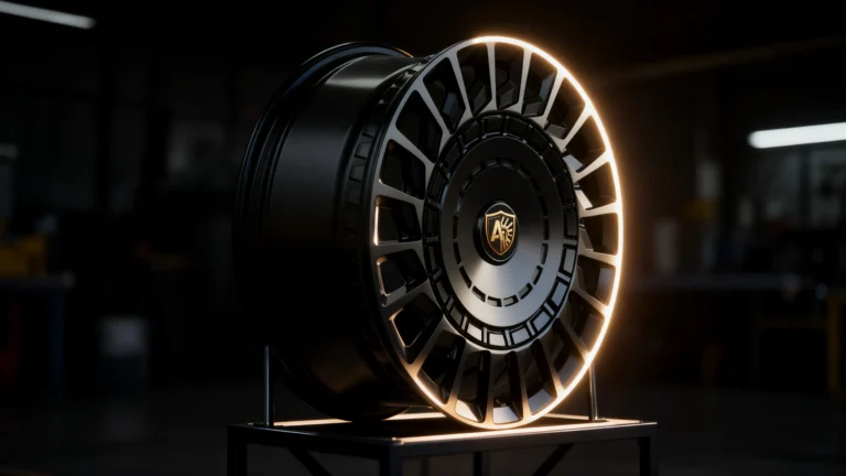 MONOLITH Series forged wheel by AEGIS RIM, shown in high-contrast lighting—featuring thick six-spoke beam design inspired by monumental structures and engineered for primal strength.