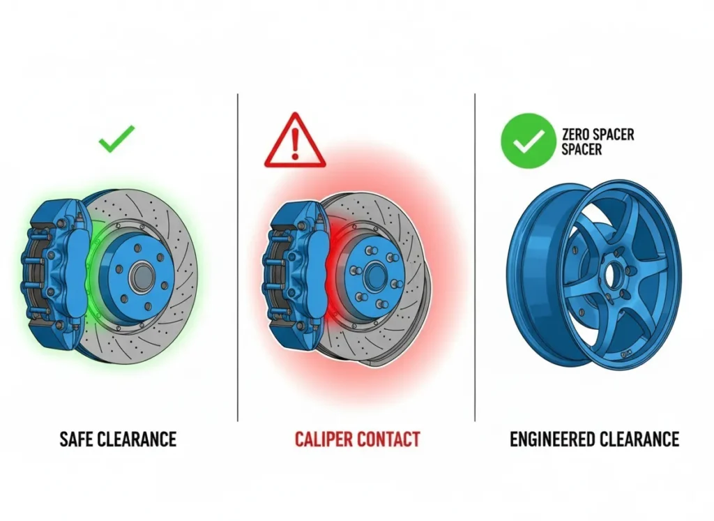 Three-panel diagram comparing wheel fitment: traditional wheel with BBK interference, unsafe spacer use, and AEGIS RIM forged wheel achieving perfect caliper clearance