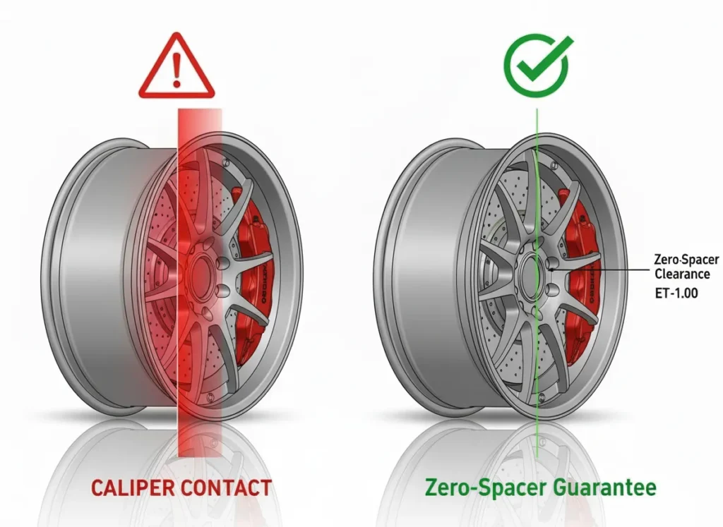 Cross-sectional diagram showing accurate caliper placement relative to custom-forged wheel spokes and offset geometry, engineered for BBK clearance without spacers