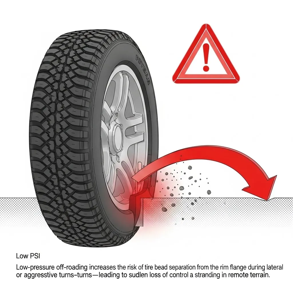 Cross-sectional diagram demonstrating tire bead separation mechanics—showing how low PSI and lateral forces cause de-beading on standard rims
