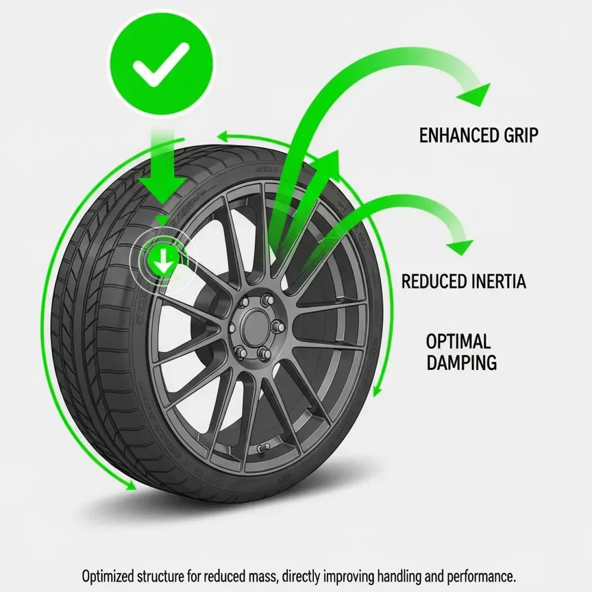 Technical illustration highlighting the lightweight structure of AEGIS RIM forged wheels, optimized to reduce unsprung mass and enhance handling response