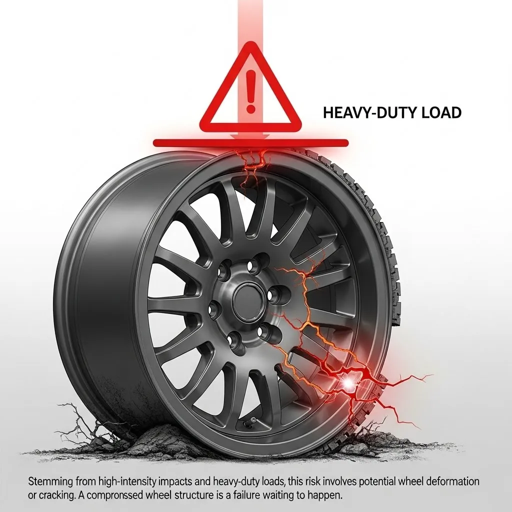 Technical illustration showing how conventional off-road wheels fail under impact stress without bead retention features