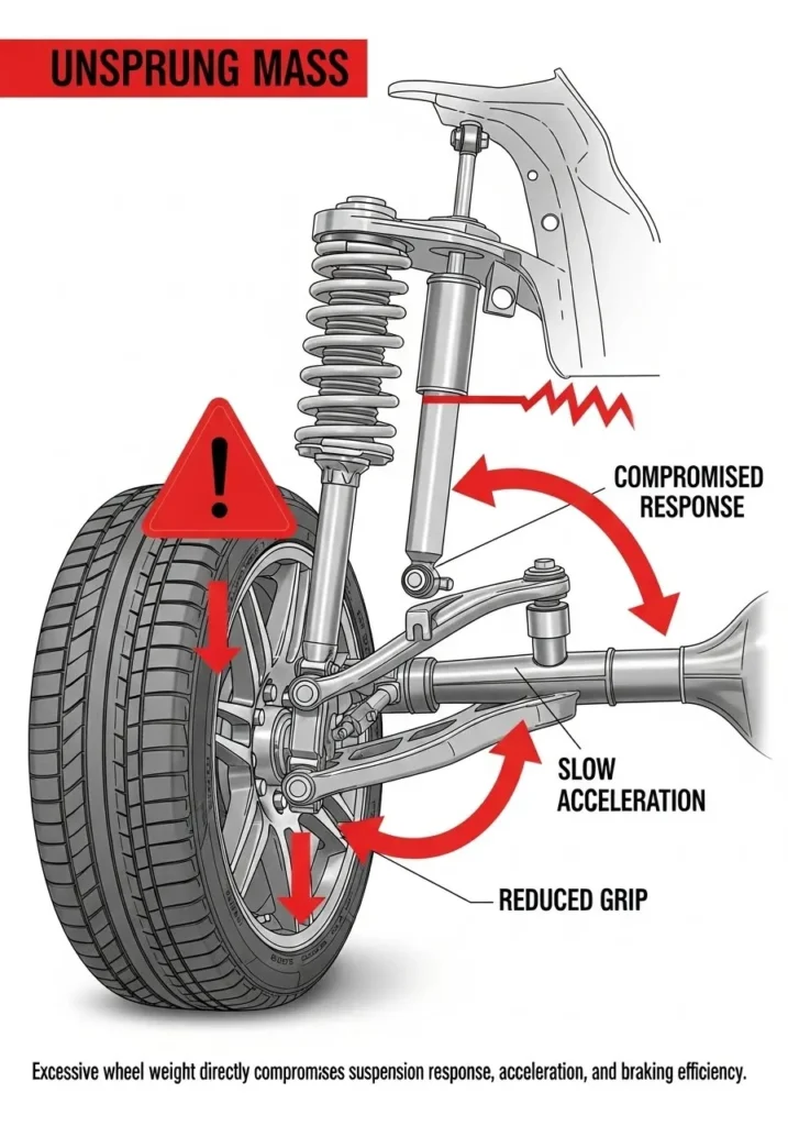 Technical diagram illustrating how excessive wheel weight increases unsprung mass, compromising suspension response, acceleration, and braking efficiency