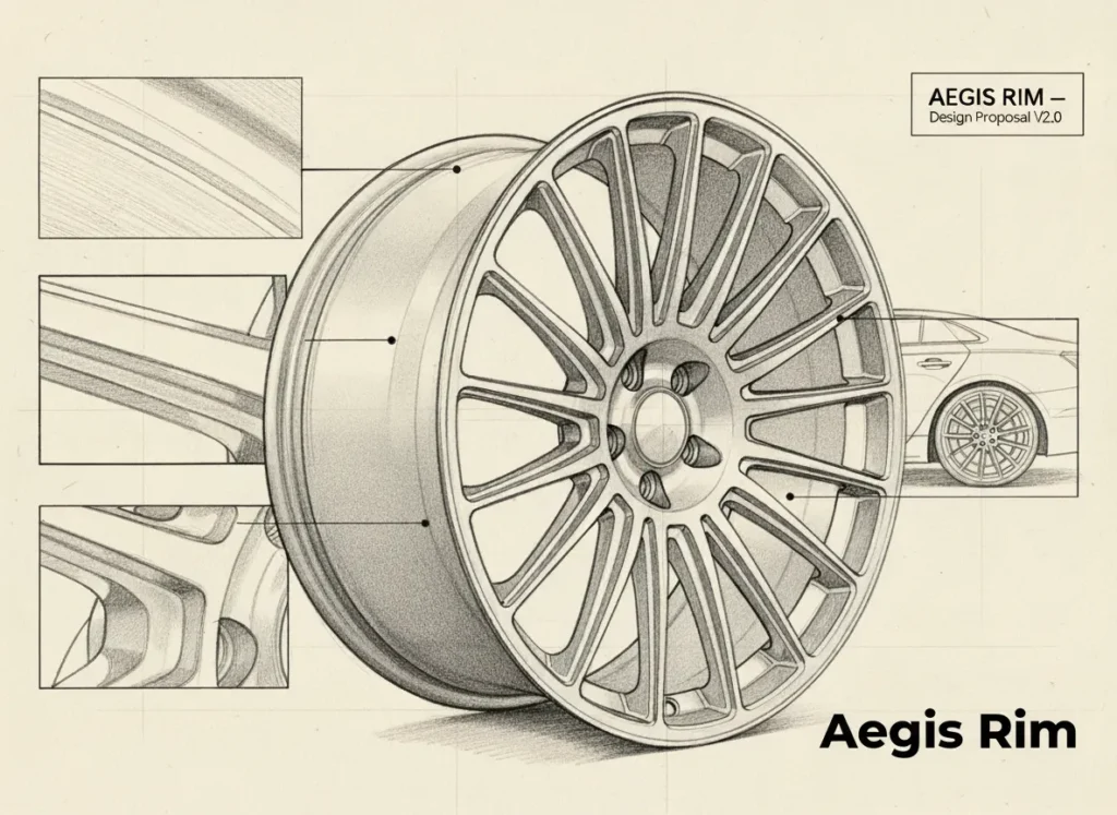 AEGIS RIM forged wheel technical sketch showcasing modular design pathways and custom spoke architecture options