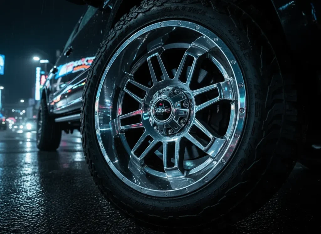TREKKER Series forged wheel by AEGIS RIM, captured at night in an urban setting—highlighting its utilitarian multi-spoke design and modern resilience.