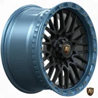 Blue and black custom alloy wheel rim with unique spoke design and branded emblem.