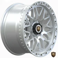 Silver car alloy wheel with intricate design and logo, ideal for high-performance vehicles and stylish upgrades.