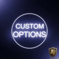 Custom Options text in glowing white circle on dark background, Aegis Rim logo in corner.