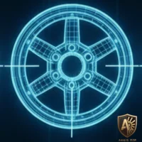 Futuristic digital blueprint of a car wheel rim with Aegis Rim logo in the corner.