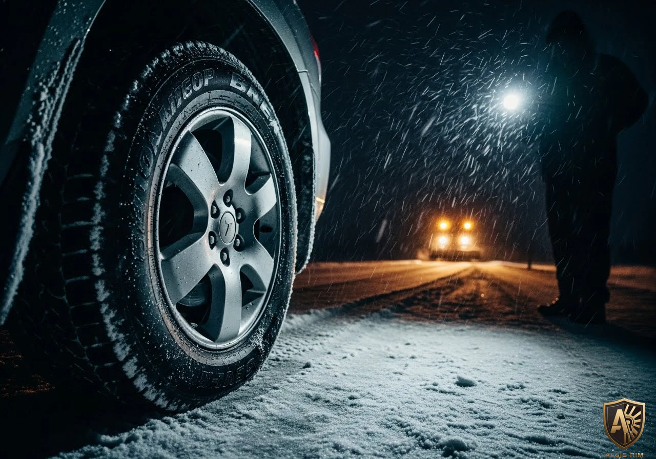 Icy roadside emergency at night after blowout showing highway risk scenario