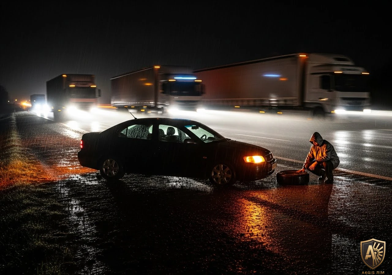 Nighttime highway blowout danger illustrating lateral force imbalance