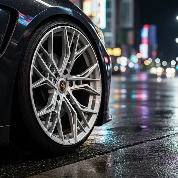Close-up of custom AEGIS RIM security patrol vehicle wheel with patented GripSafe run-flat technology on wet street in downtown Dallas at night