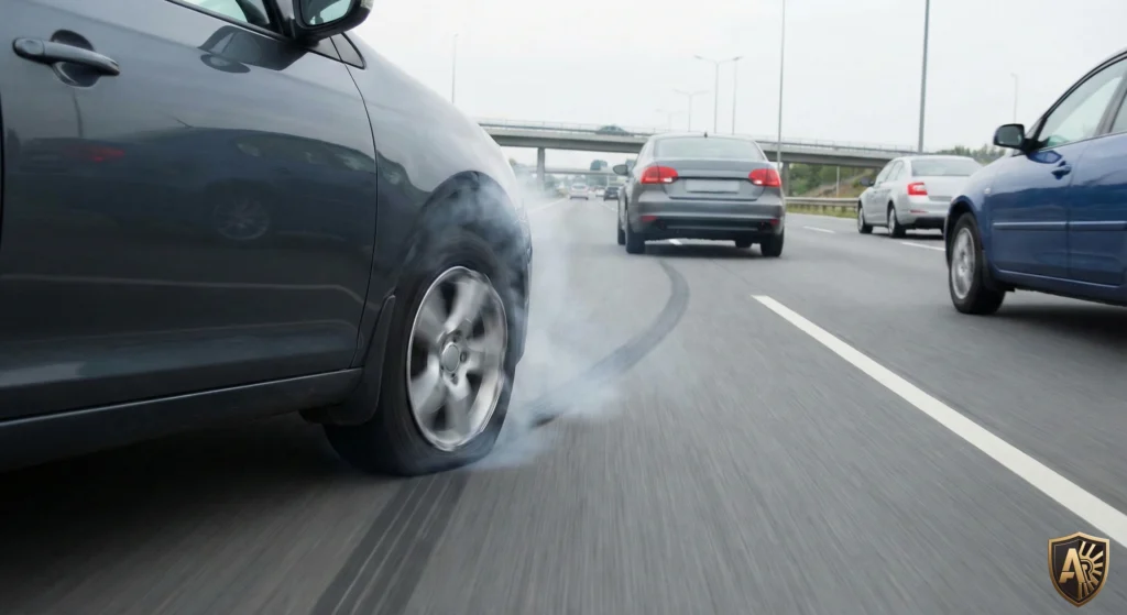 A car on a highway experiencing a sudden tire blowout, with smoke coming from the wheel and a skid mark on the road