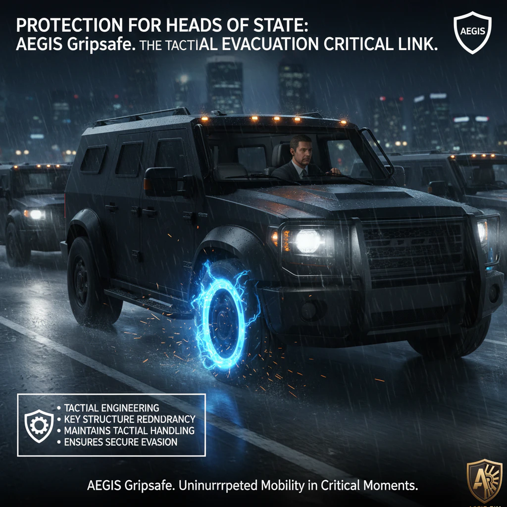 Armored SUV in rain with glowing tire, showcasing AEGIS Gripsafe for tactical security and evacuation solutions.