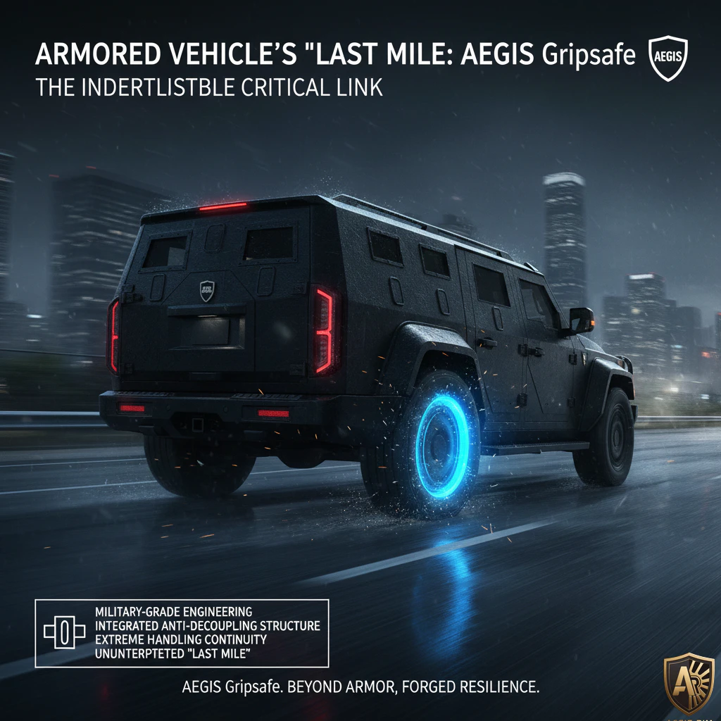 Armored AEGIS vehicle driving at night with glowing wheels, highlighting military-grade engineering and resilience