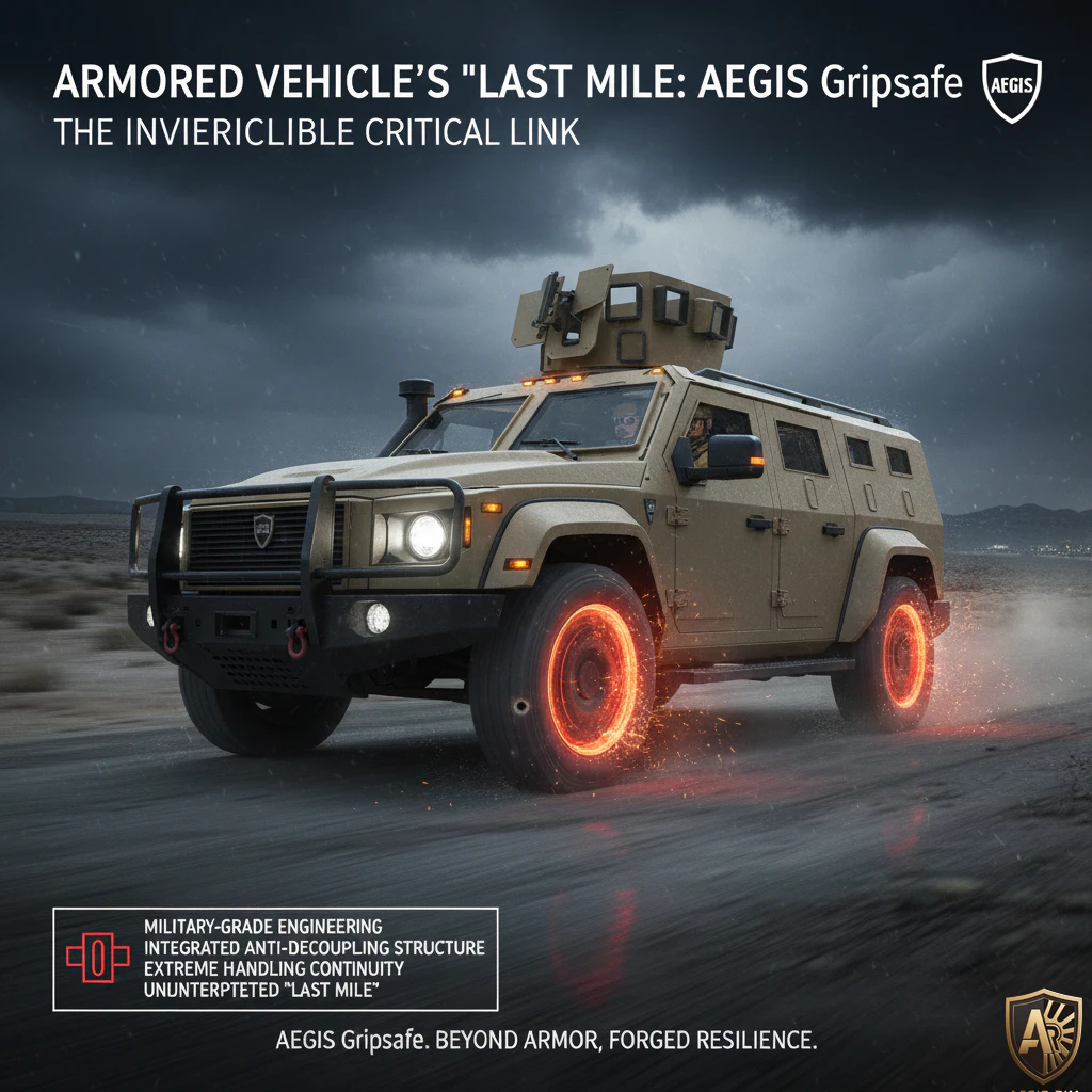 Armored vehicle AEGIS Gripsafe on rugged terrain, showcasing military-grade engineering and resilience.