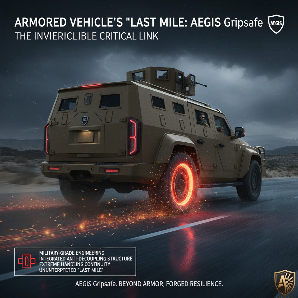 Armored vehicle AEGIS Gripsafe showcasing durability on road with glowing tire for ultimate resilience
