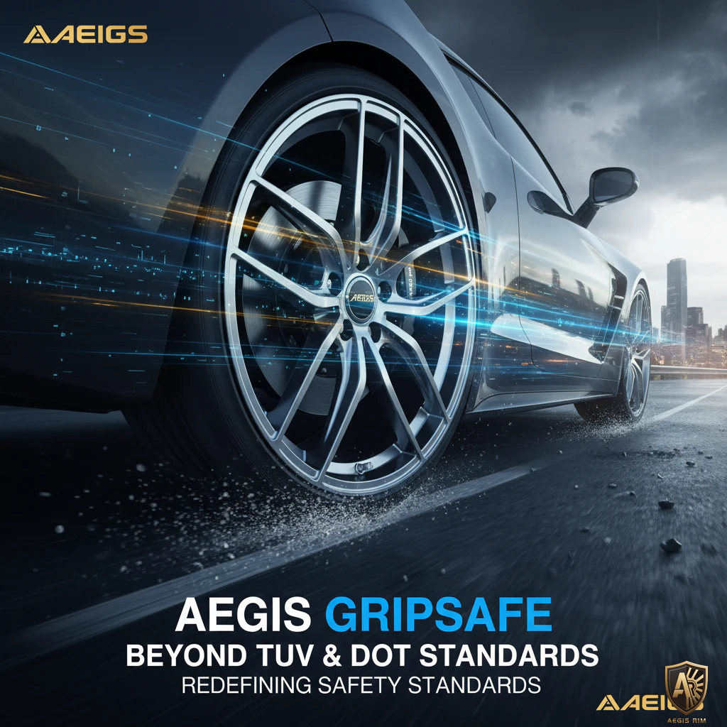 Silver car with AEGIS GripSafe wheel in motion on wet road demonstrating advanced engineering and real-world performance