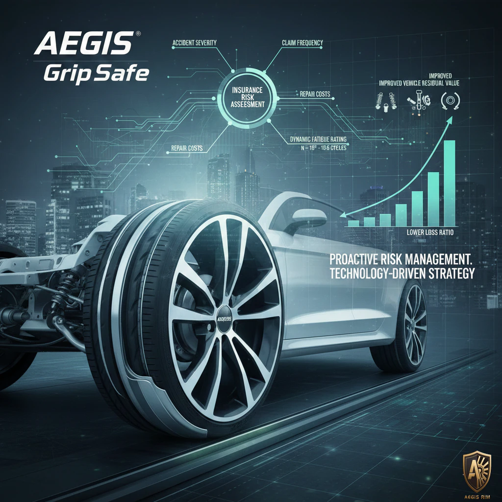A conceptual image of a car chassis featuring an AEGIS Gripsafe wheel, with data points on accident severity, repair costs, and dynamic fatigue ratings, underscoring proactive risk management.