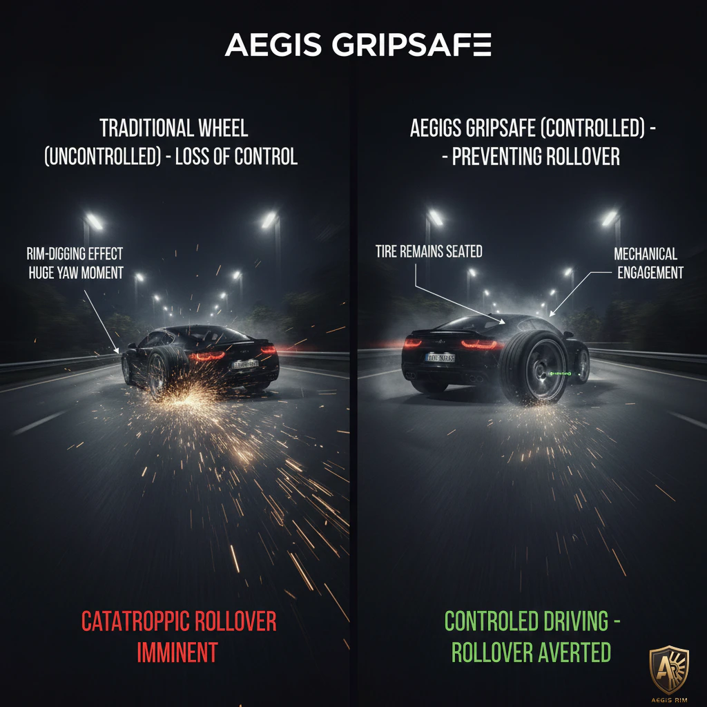 Comparison graphic showing controlled driving with GripSafe versus catastrophic rollover without it