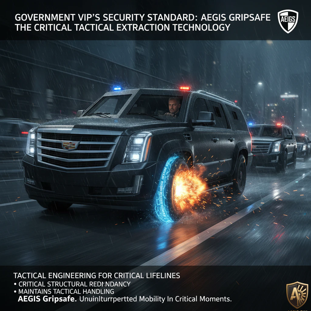 Armored SUV with Aegis Gripsafe technology during tactical maneuver in rainy urban night setting