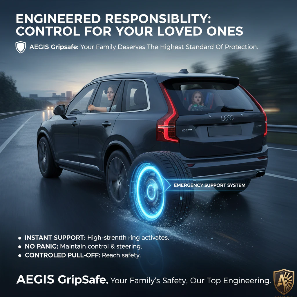 Car on wet road with AEGIS GripSafe emergency support system activated for enhanced safety and control