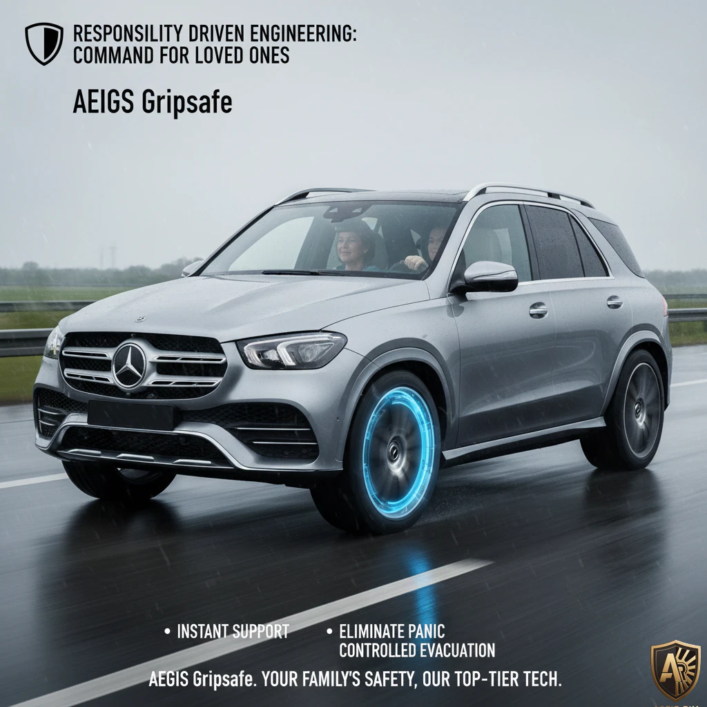Silver SUV showcasing AEGIS Gripsafe technology on a wet road, ensuring safe family travel in challenging conditions