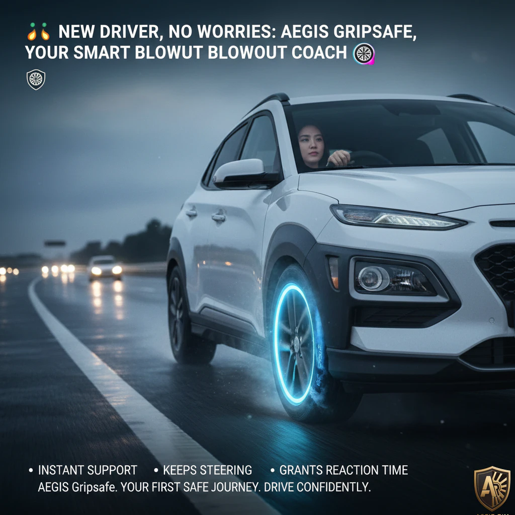 White car on a rainy road with AEGIS Gripsafe tire technology glowing, ensuring safe driving for new drivers.