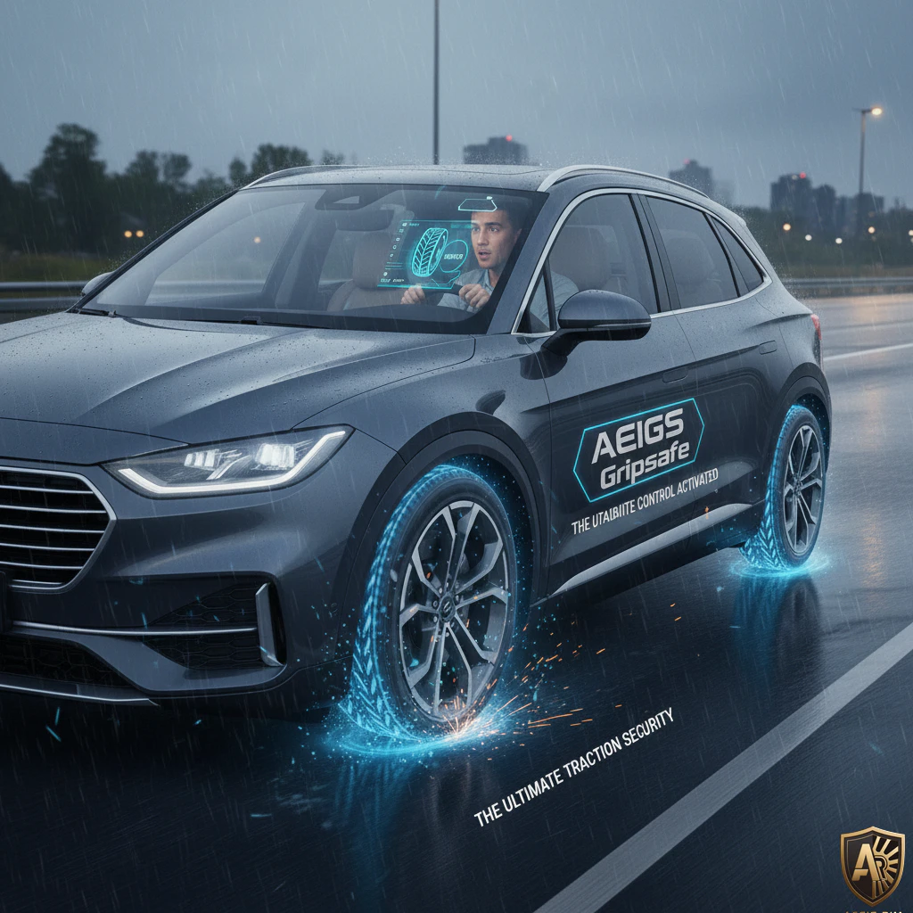 Car with Aegis Gripsafe technology driving in rain, showcasing advanced traction control and safety features