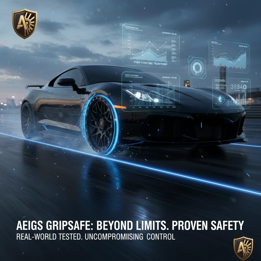 High-performance sports car with AEGIS GripSafe wheels showing digital data overlays and performance metrics during real-world testing