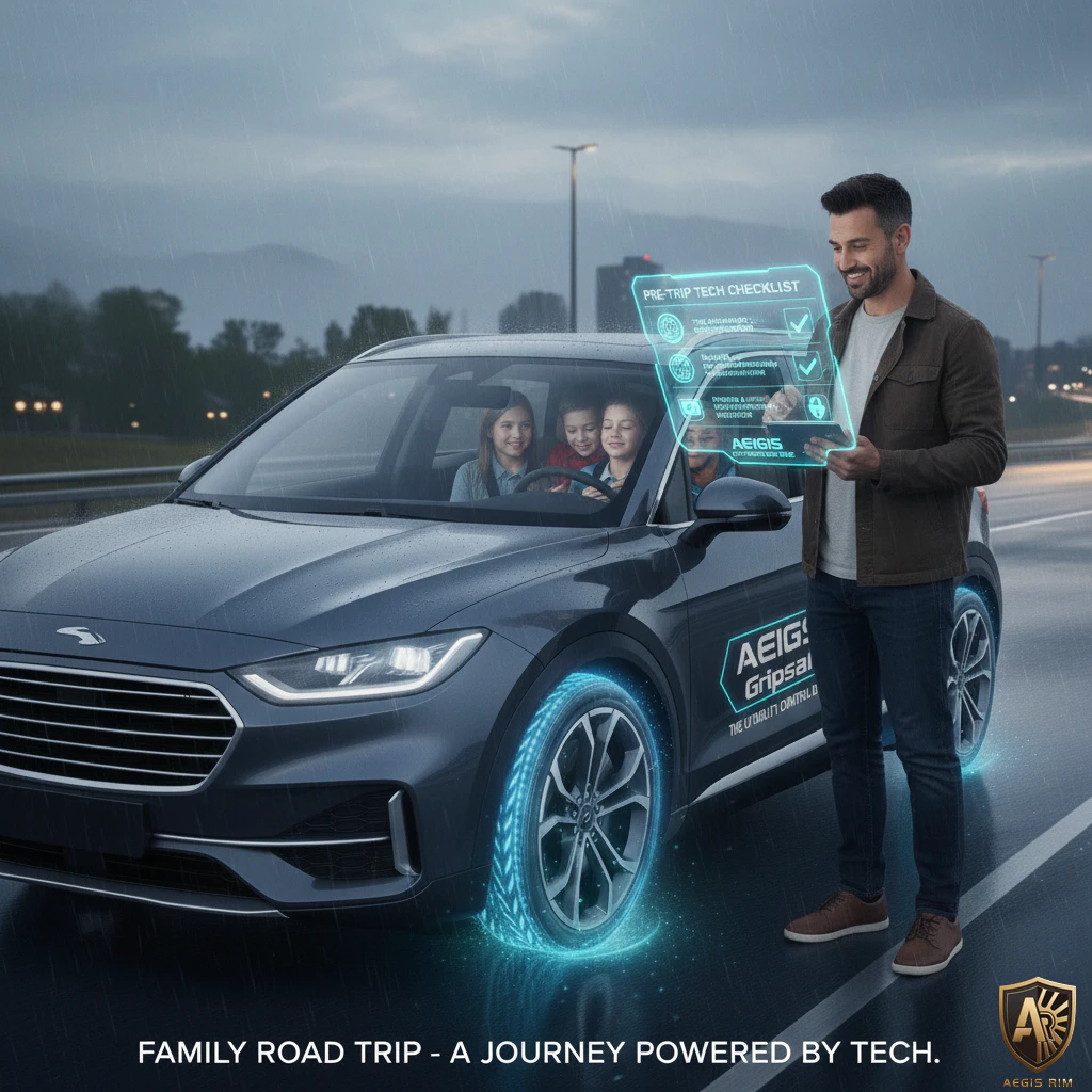 Family in tech-enhanced car, father using digital checklist, promoting smart travel. Family Road Trip - A Journey Powered by Tech.