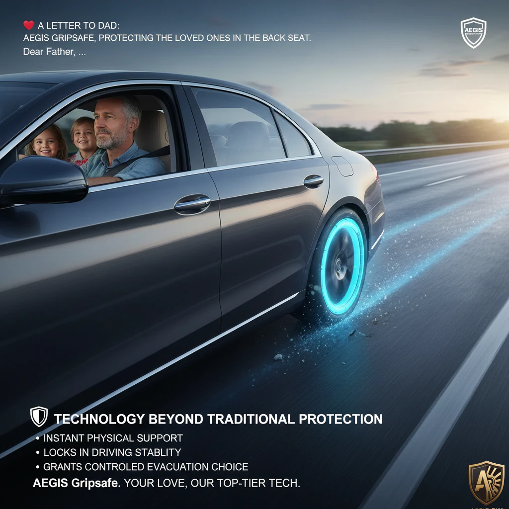 Car on highway showcasing AEGIS Gripsafe technology, emphasizing safety for rear passengers at high speed