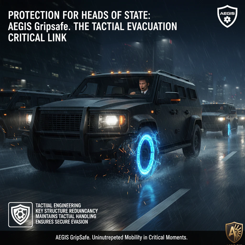 Armored convoy with glowing wheels in rainy cityscape, showcasing AEGIS GripSafe for tactical evasion and security