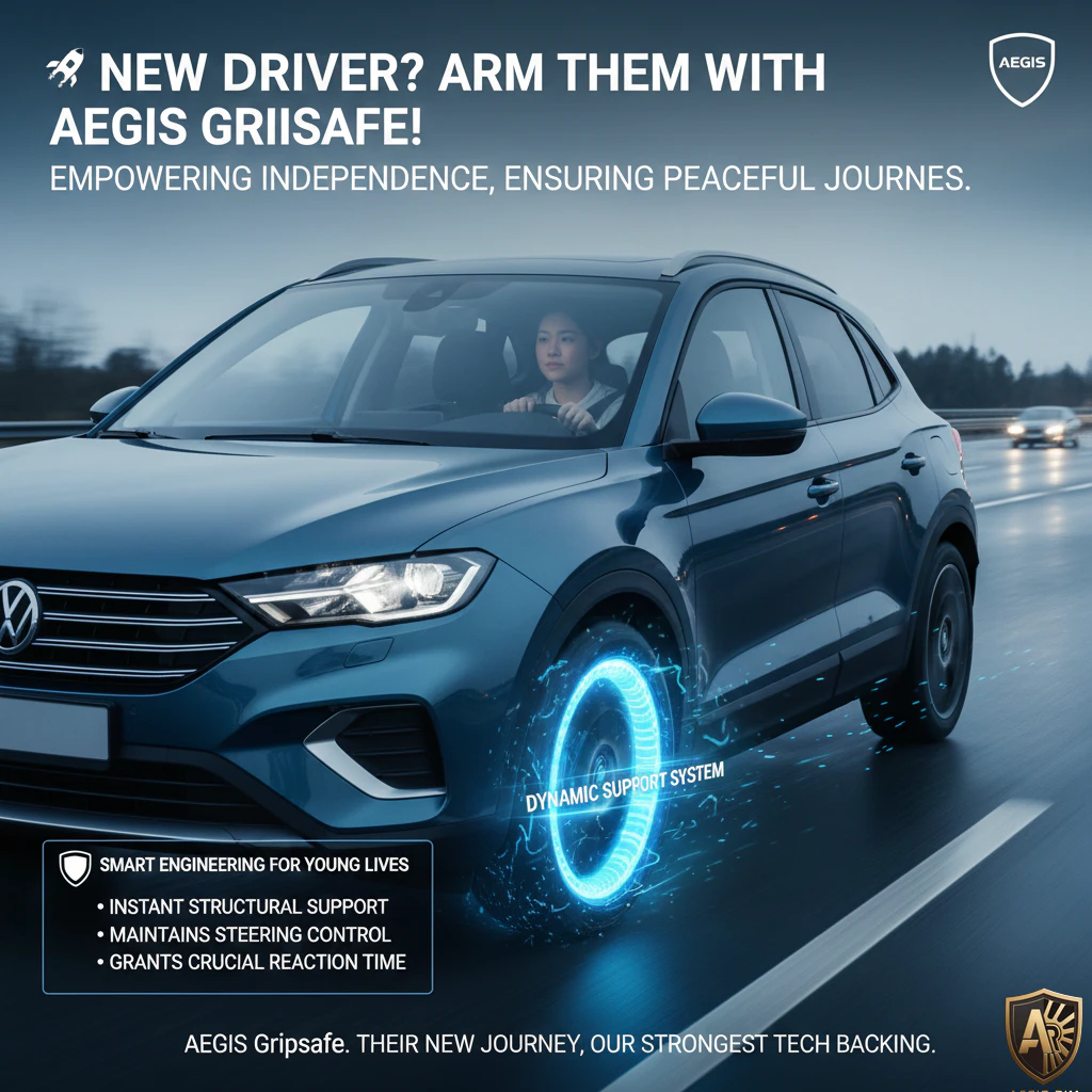 Blue SUV with Aegis GripSafe technology on highway, enhancing safety for new drivers.
