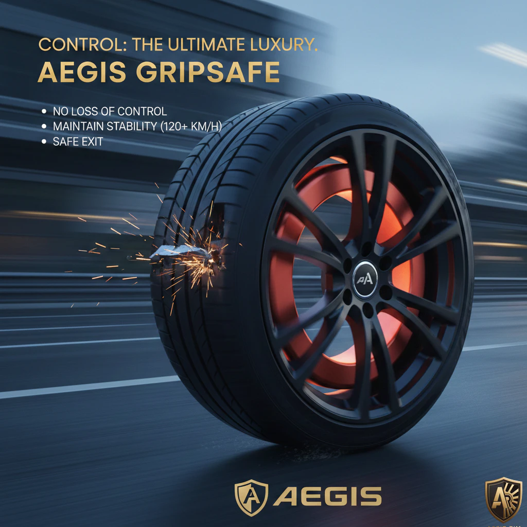 High-speed car tire with sparks showcasing Aegis Gripsafe's control and stability features on the road.
