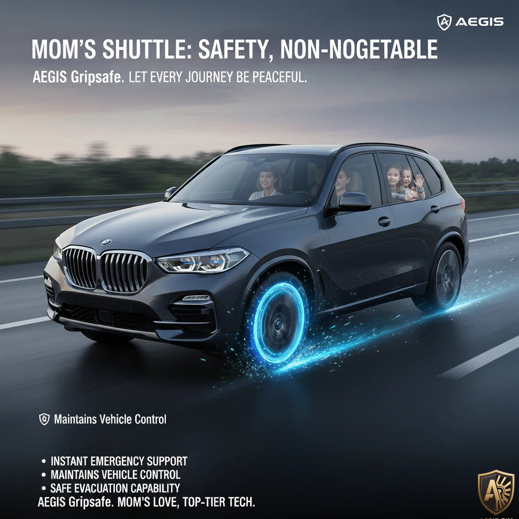 SUV with AEGIS Gripsafe technology ensuring safety on the road with family, highlighting vehicle features and peace of mind