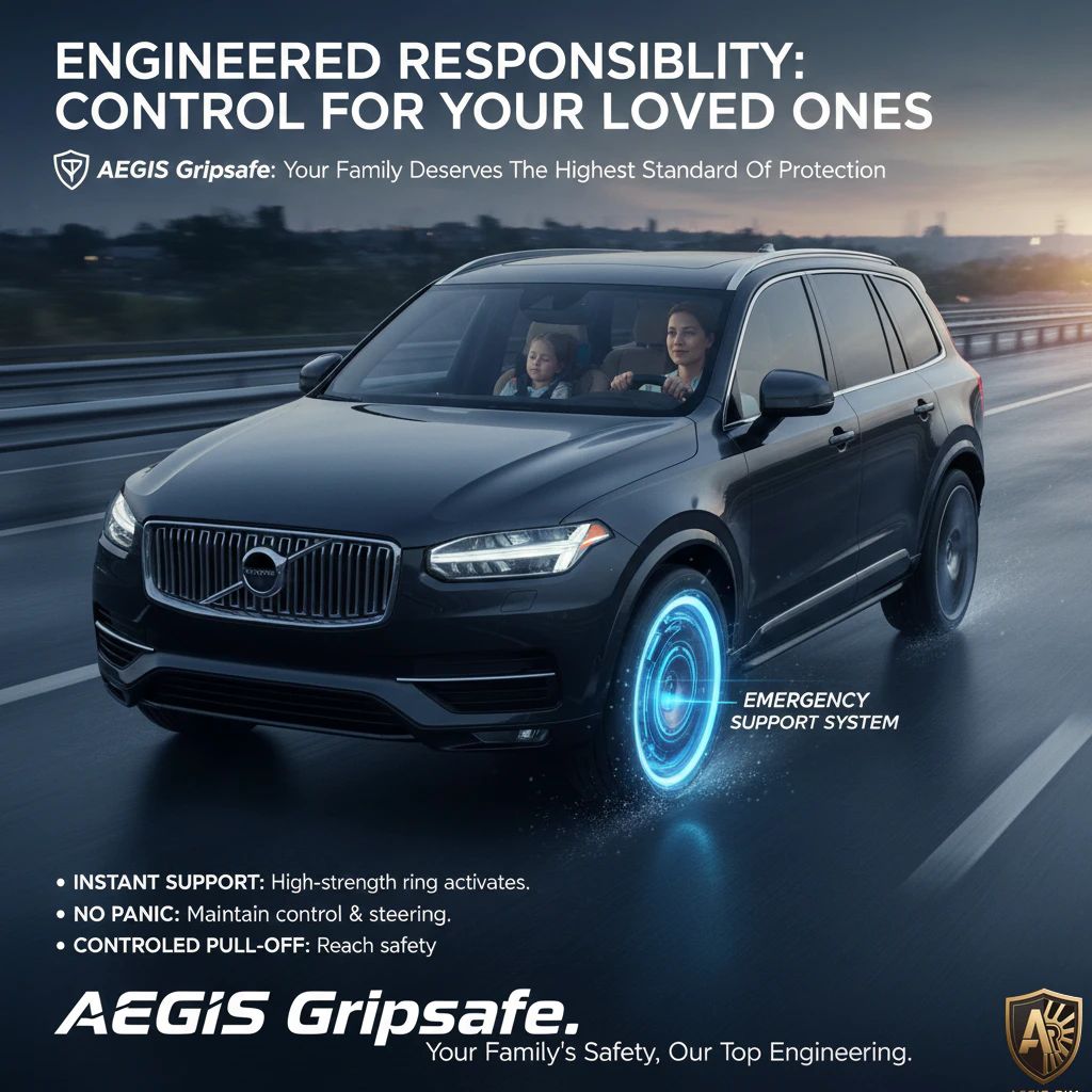 Volvo SUV on highway showcasing AEGIS Gripsafe tire technology for safety and control