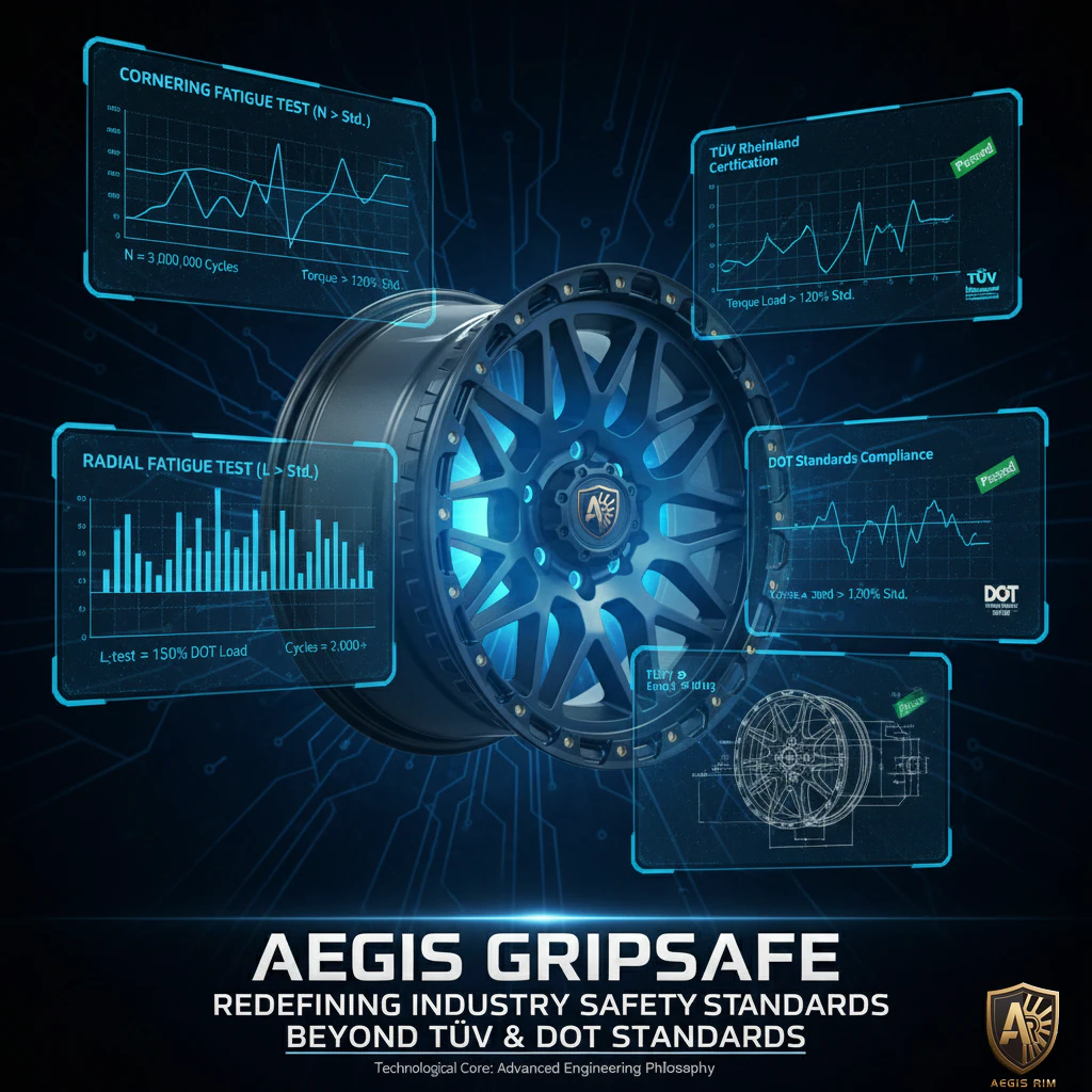 A detailed render of an AEGIS Gripsafe wheel, illuminated with blue light, surrounded by multiple data graphs illustrating cornering fatigue, radial fatigue, TUV Rheinland certification, and DOT standards compliance.