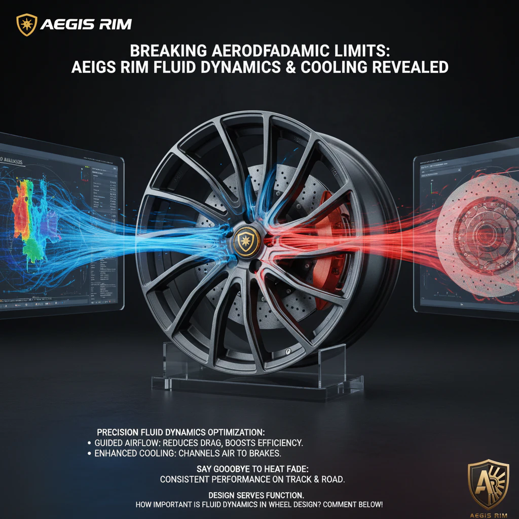 Visual showing an AEGIS RIM wheel with red and blue airflow streams from a CFD simulation, demonstrating guided airflow (blue) and enhanced heat dissipation (red) around the brake rotor.
