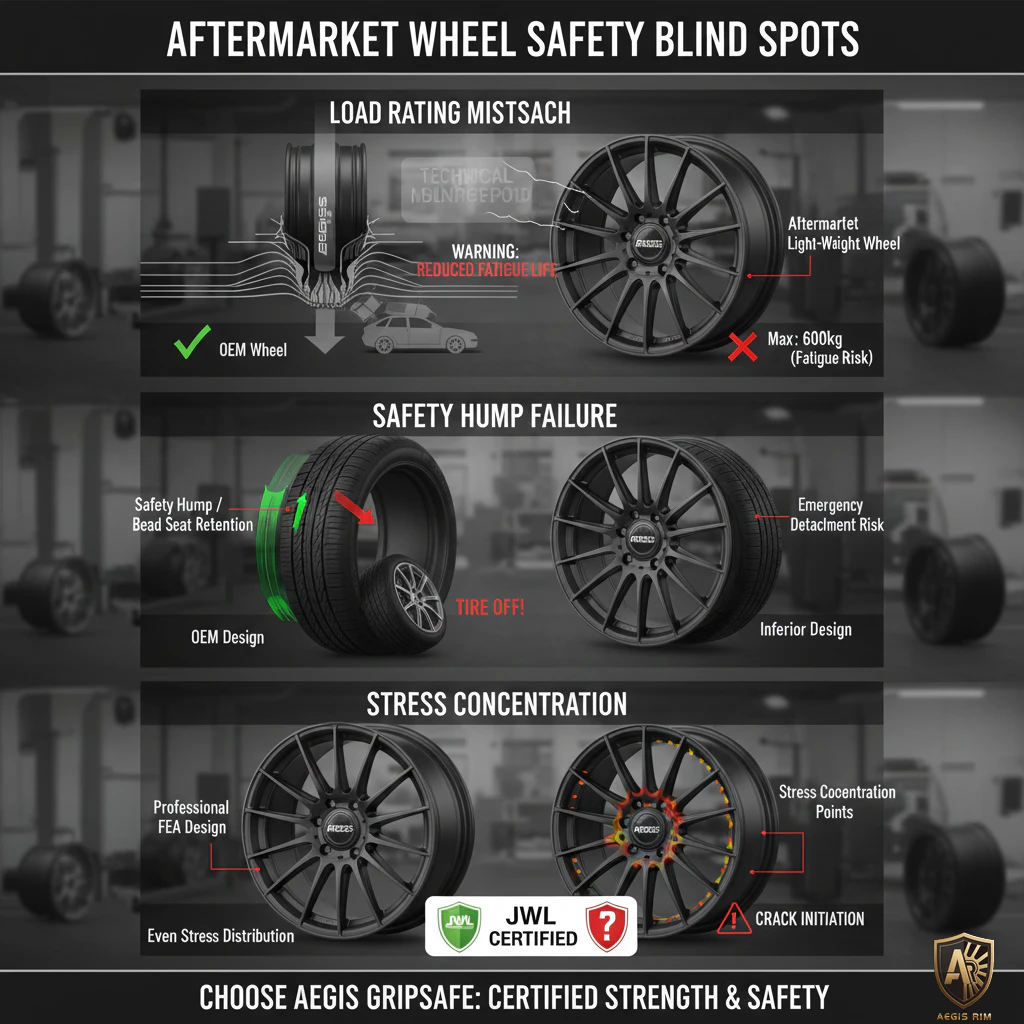 Infographic showing three critical aftermarket wheel safety blind spots affecting vehicle safety and performance
