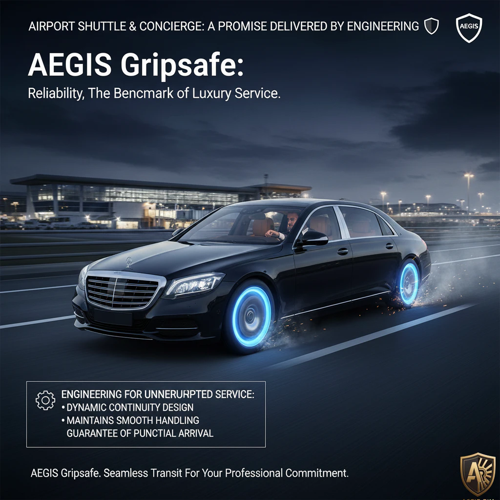 Luxury black sedan at airport with glowing wheels; AEGIS Gripsafe, reliable shuttle service for punctual arrivals.
