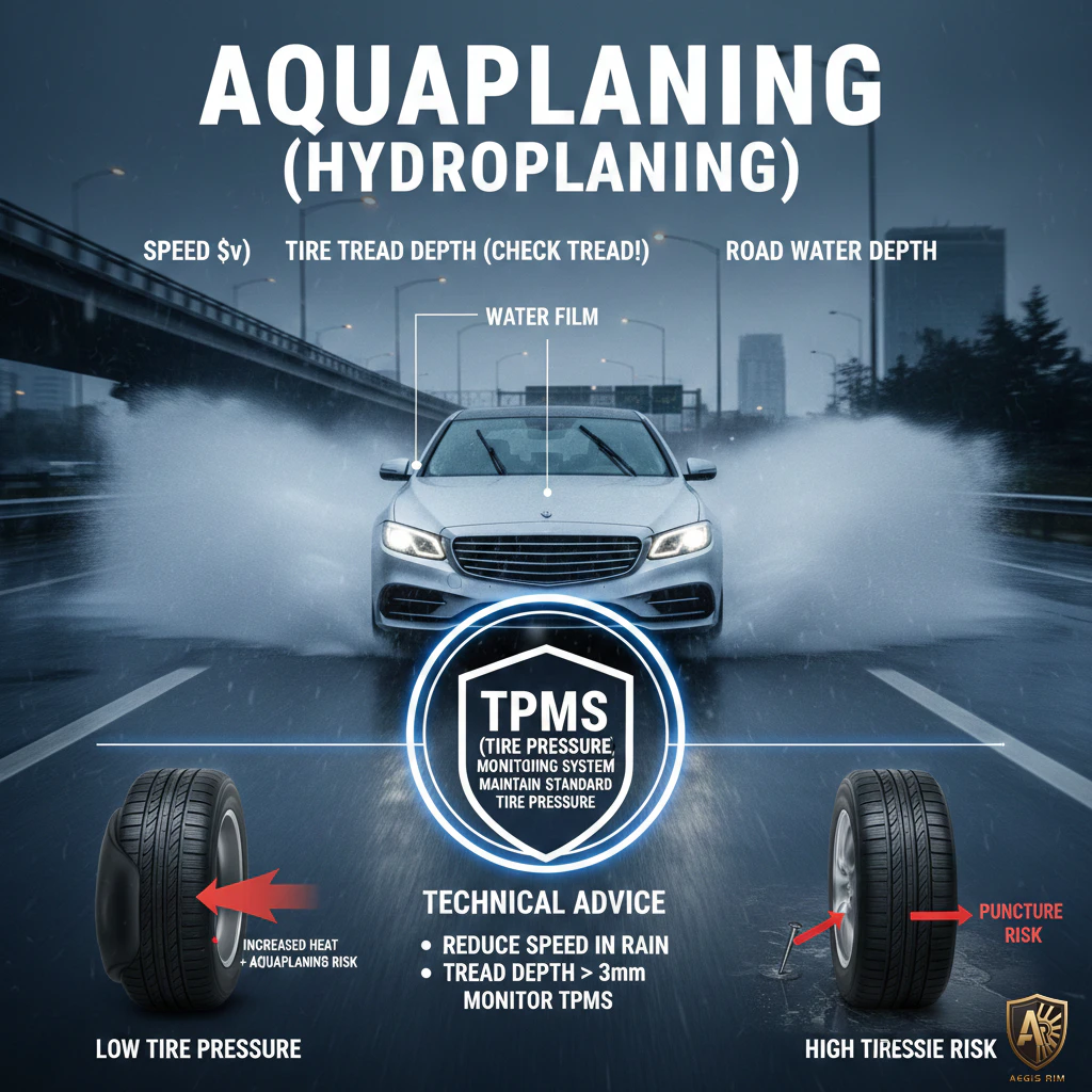 A white car driving through heavy rain, with text highlighting factors for aquaplaning like speed, tire tread depth, and road water depth. Graphics also show risks of low and high tire pressure.