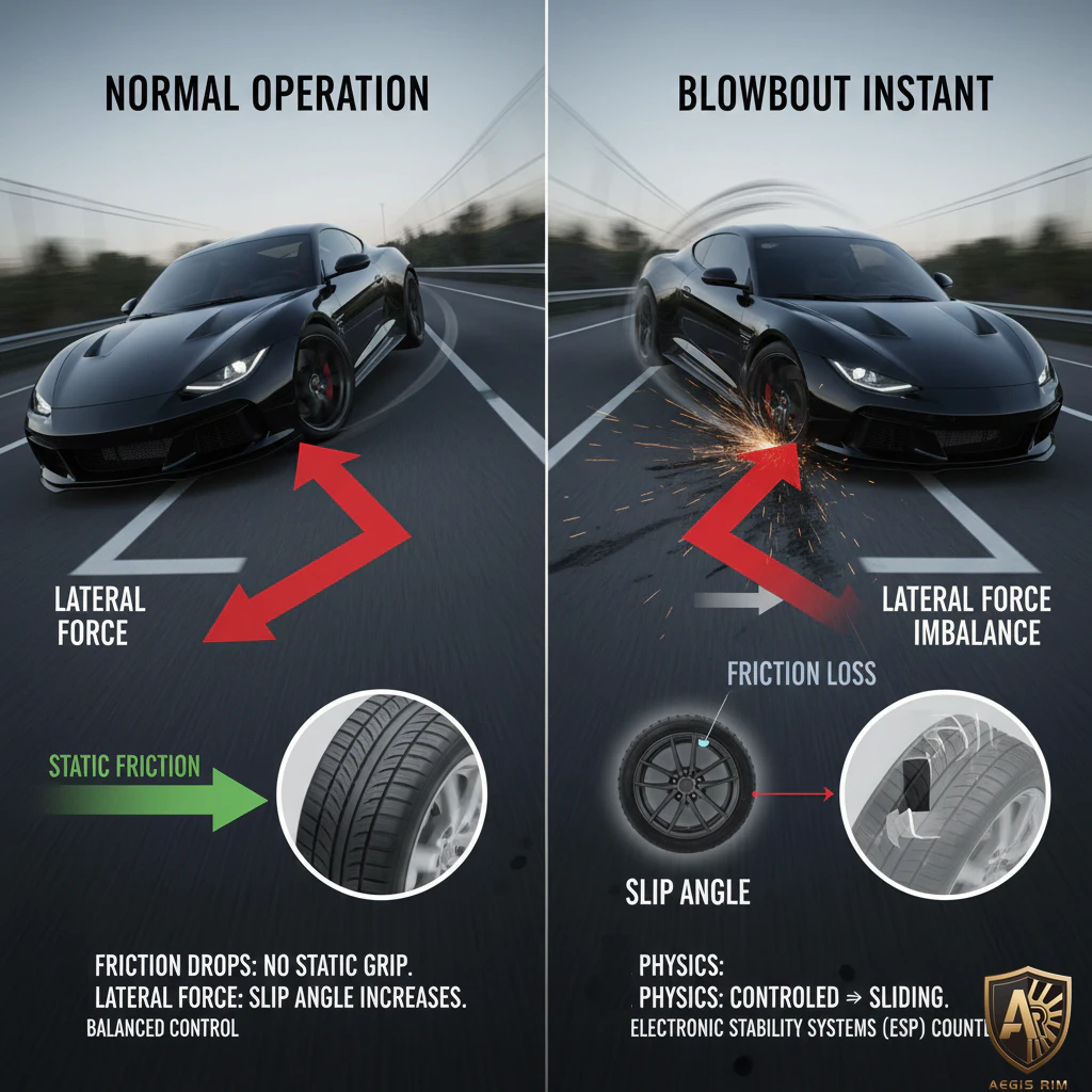 Visual comparison of normal driving vs. a blowout event, showing the redirection of lateral force, friction loss, and the resulting large slip angle leading to loss of control.