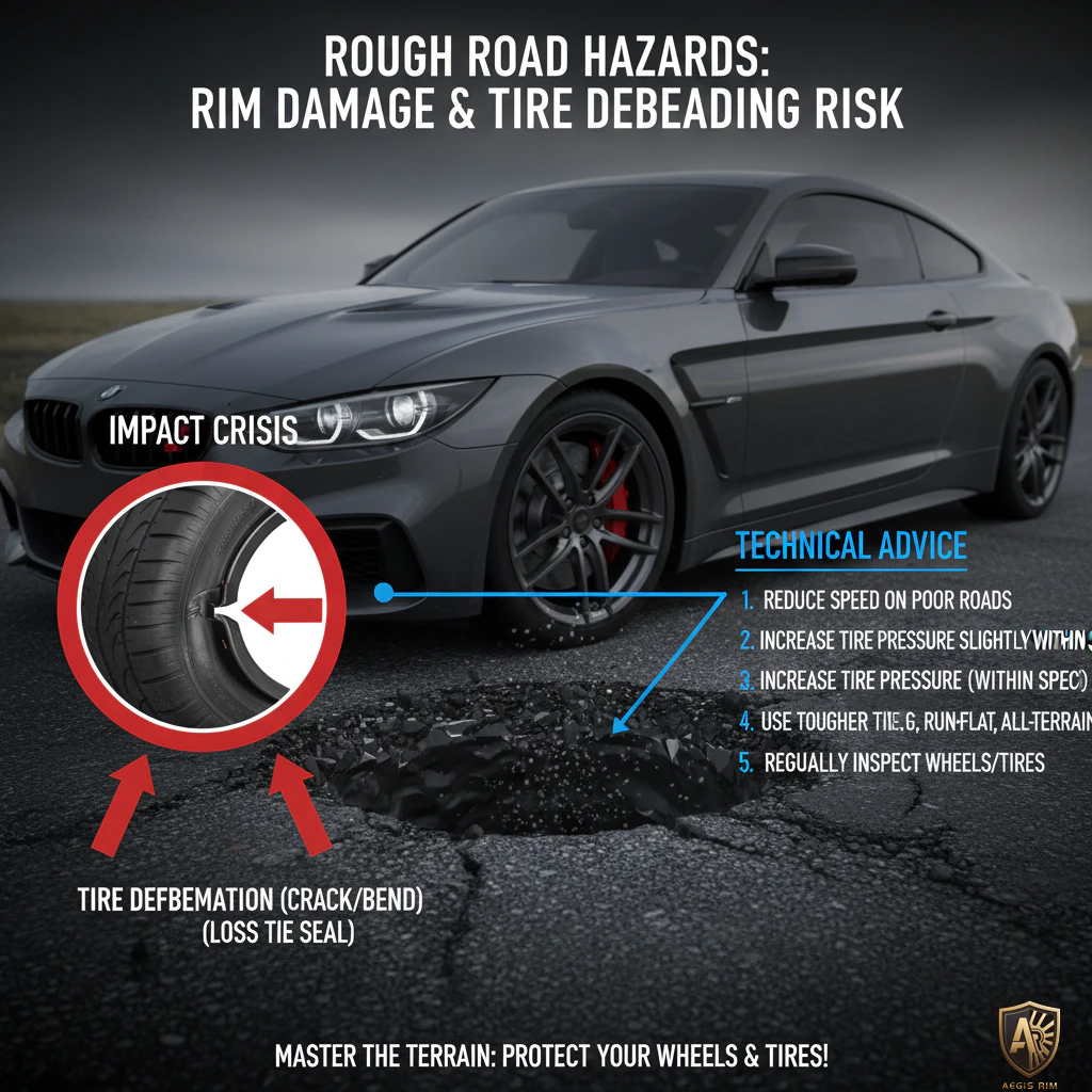 Car hitting pothole showing rim deformation and tire debeading risk